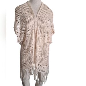 DEX crochet knit open front vest fringe neutral beige coastal Bohemian airy M